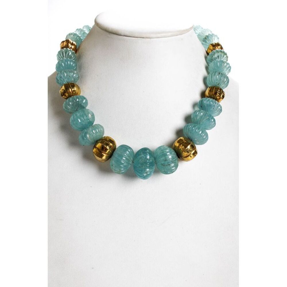 Designer Womens 20kt Yellow Gold + Carved Aquamarine Bead Necklace 18"